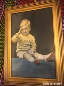 Arte: Dibujo al oleo sobre carton de un niño sentado,lo pintado 16 x 34, calculo años 40/50 firma J.Calero